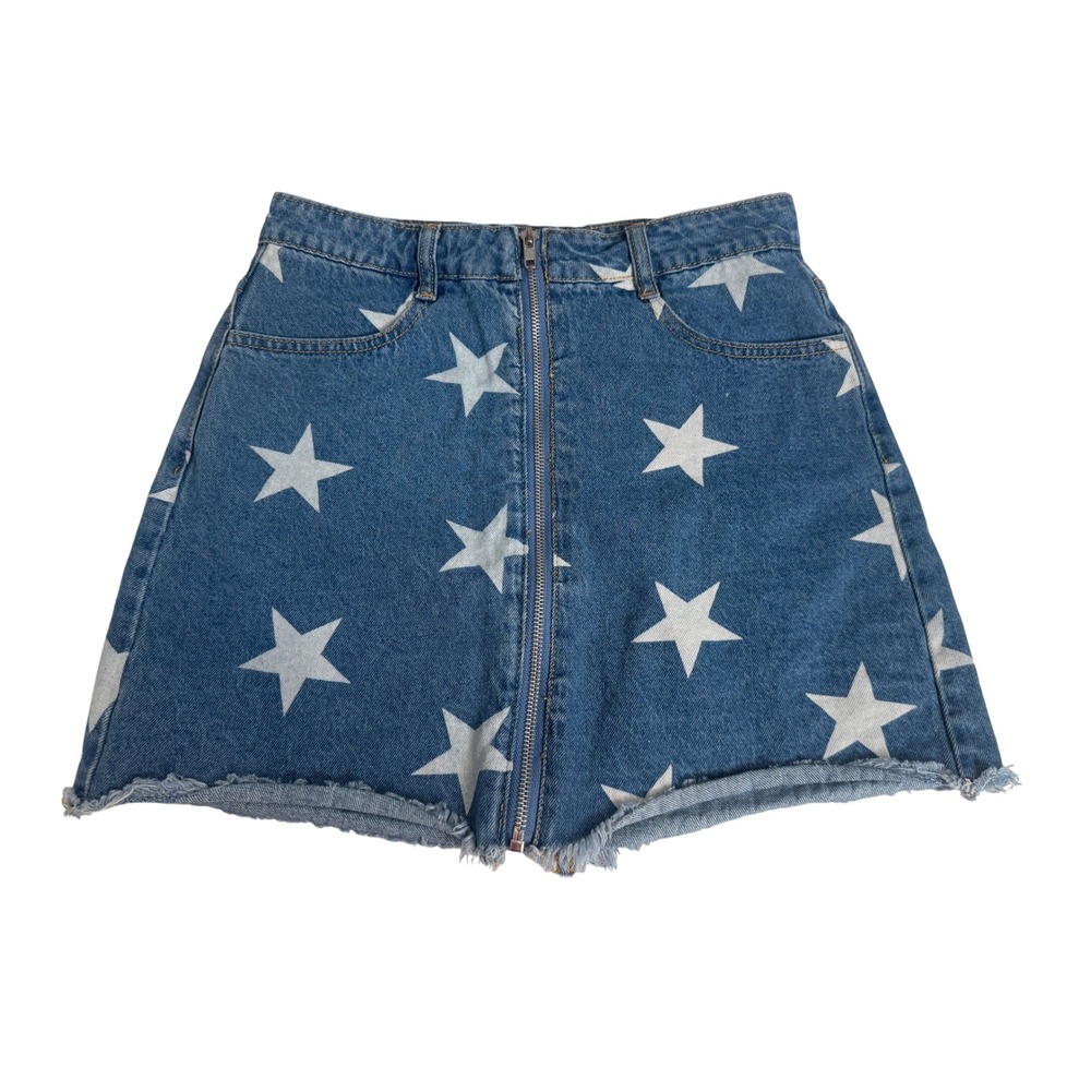 LE LIS COLLECTION Denim Skirt Size S Blue White Star Print Zipper Frayed Hem‎